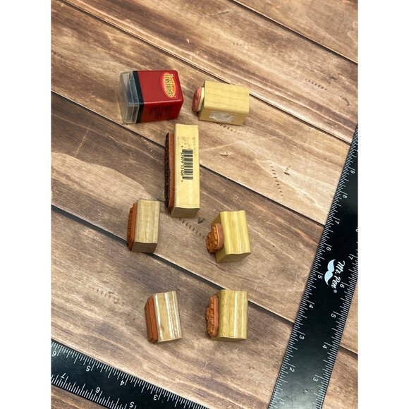 SET OF 7 HOLIDAY THEMED WOOD MOUNTED RUBBER STAMPS PEACE SANTA HAT SNOWFLAKE - Picture 3 of 6